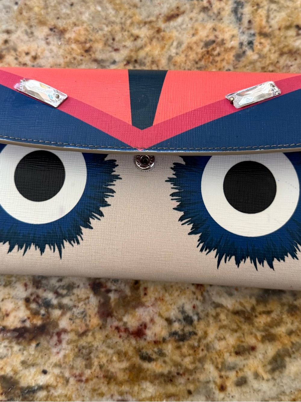 Fendi Eye-Graphic Clutch in Navy, Coral and Cream